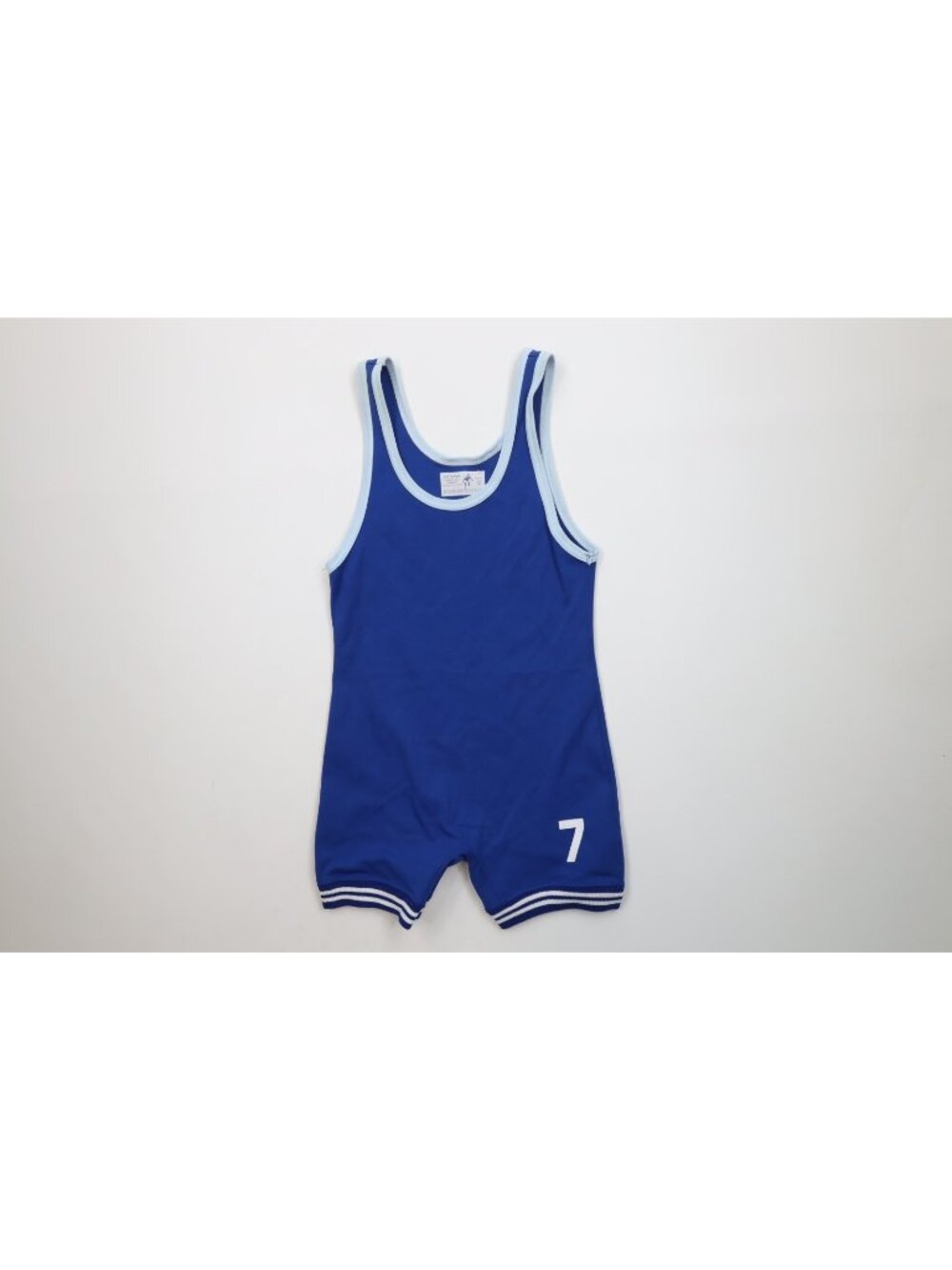 Vintage 70s Mens Small Striped Knit Wrestling Singlet Uniform Blue Polyester USA